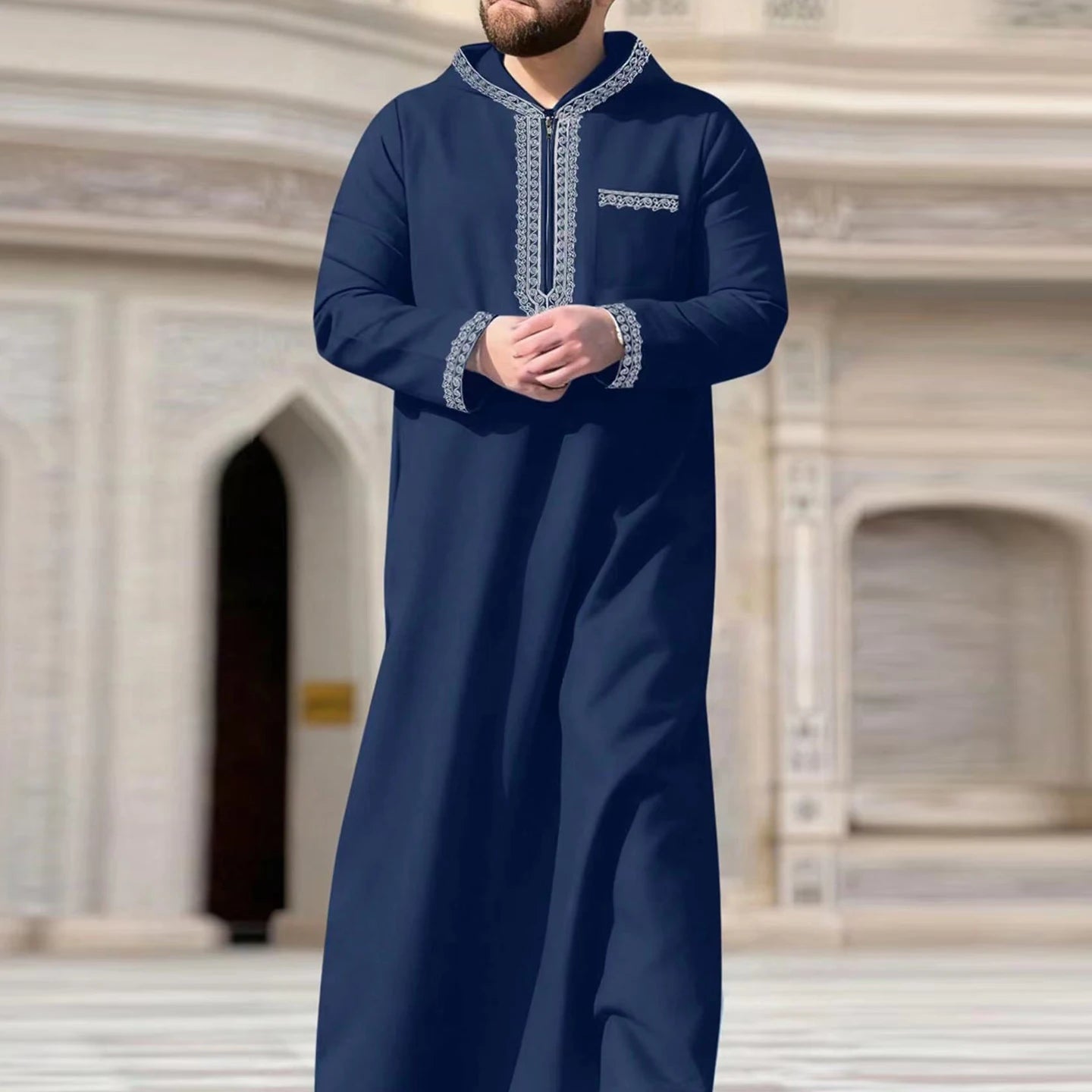 Muslim men's thobe long sleeves embroidered stand-up loose casual Saudi Arabia Islamic men's Abaya parties traditional clothing
