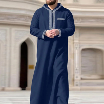 Muslim men's thobe long sleeves embroidered stand-up loose casual Saudi Arabia Islamic men's Abaya parties traditional clothing
