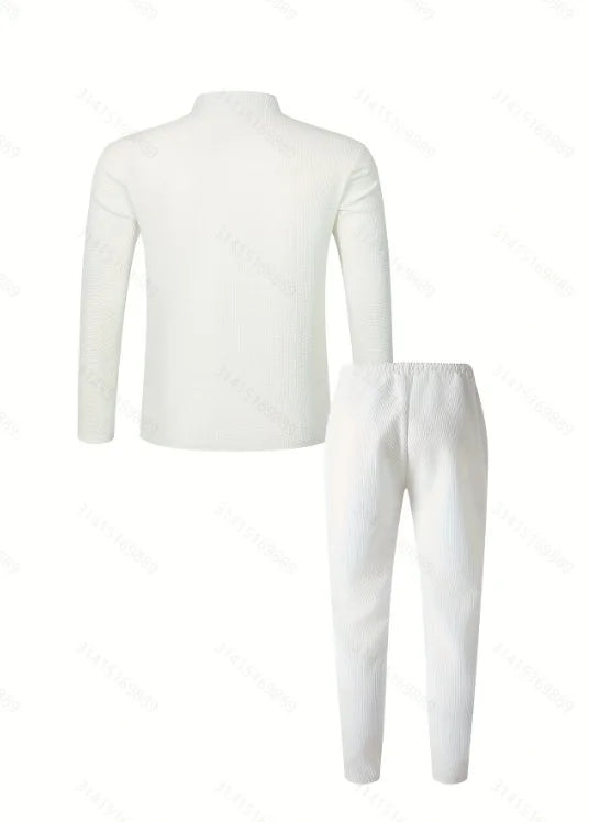 Men's Waffle Check Stand-Up Collar Semi-Casual Business Suit Button-Down Top with Comfortable Trousers have 1/2pieces
