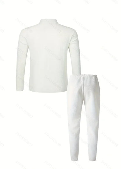 Men's Waffle Check Stand-Up Collar Semi-Casual Business Suit Button-Down Top with Comfortable Trousers have 1/2pieces