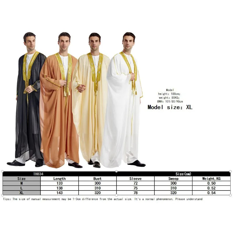 Islamic Men's Embroidered Prayer Robe Moroccan Open Abaya Kimono Eid Al Fitr Traditional Muslim Costume