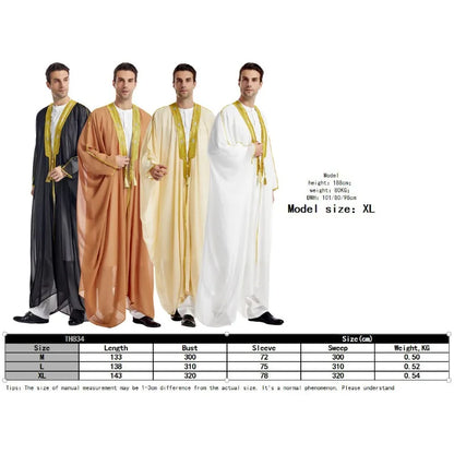 Islamic Men's Embroidered Prayer Robe Moroccan Open Abaya Kimono Eid Al Fitr Traditional Muslim Costume