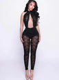 Nibber Hollow Jumpsuit Women Backless Halter Jacquard Sexy Trend Sleeveless Stretch Midnight Clubwear Patchwork Overalls