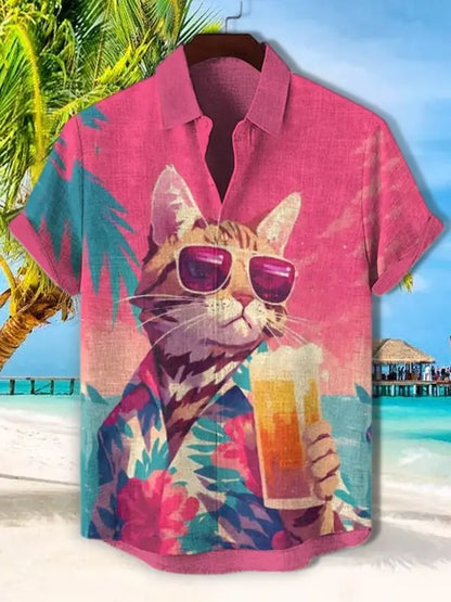 Funny Men's Cat Drinking Beer Shirts 3D Print Hawaiian Shirts Summer Men Women Short Sleeve Blouse Casual Vacation Beach Y2k Top