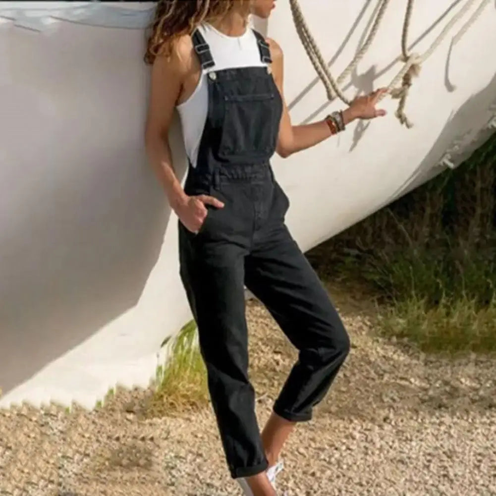Women Denim Jumpsuit Side Pockets Adjustable Strap Plus Size Jumpsuit Loose Backless Square Neck Backless Lady Overalls 여성 점프슈트