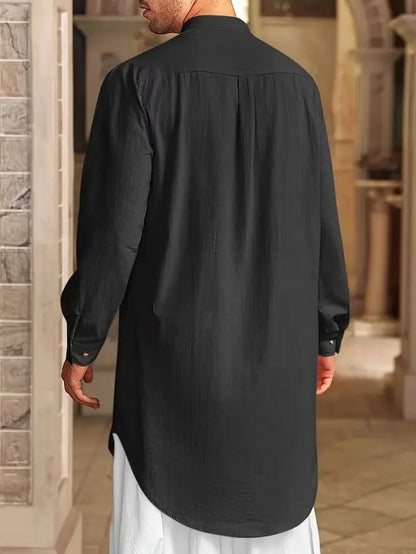 2026 Summer New Muslim Middle East Arab Malaysia Mens Button Cotton Linen Shirt Muslim Robe Long Sleeve Traditional Tops