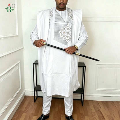 H&D African Clothing Traditional 3PCS Outfit For Man Bazin Riche Agbada Embroidery Wedding Party Plus Size Muslim Men Clothing