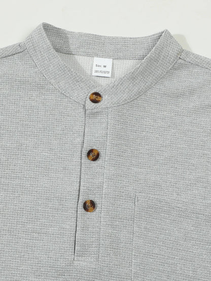 Men's Waffle Check Stand-Up Collar Semi-Casual Business Suit Button-Down Top with Comfortable Trousers have 1/2pieces