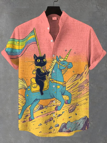 Funny Men's Cat Drinking Beer Shirts 3D Print Hawaiian Shirts Summer Men Women Short Sleeve Blouse Casual Vacation Beach Y2k Top