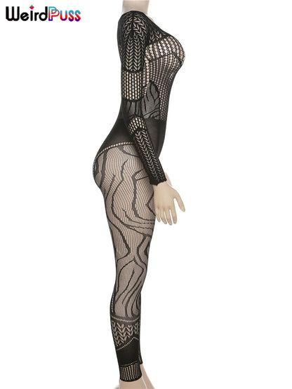 Combinaisons transparentes à manches longues pour femmes, ajourées, style sexy pour soirées, clubs ou danse, tenues galbantes style "coquette".