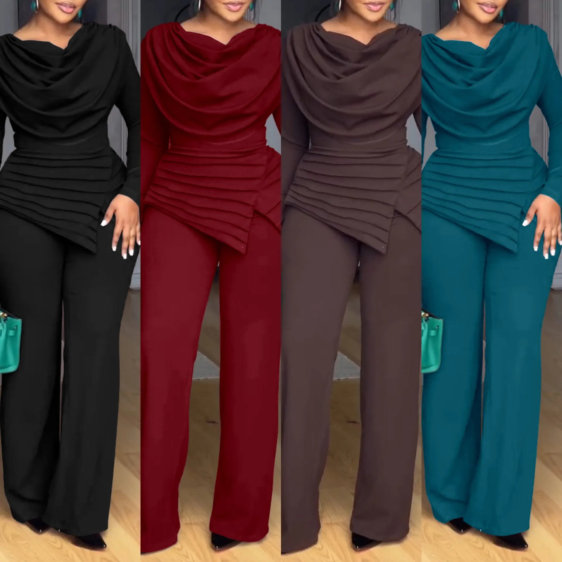 2025 Swing Collar Ruched Jumpsuit Long Sleeve Solid Elegant Office Lady Asymmetric Hem Casual Vintage Ruched Slim Autumn