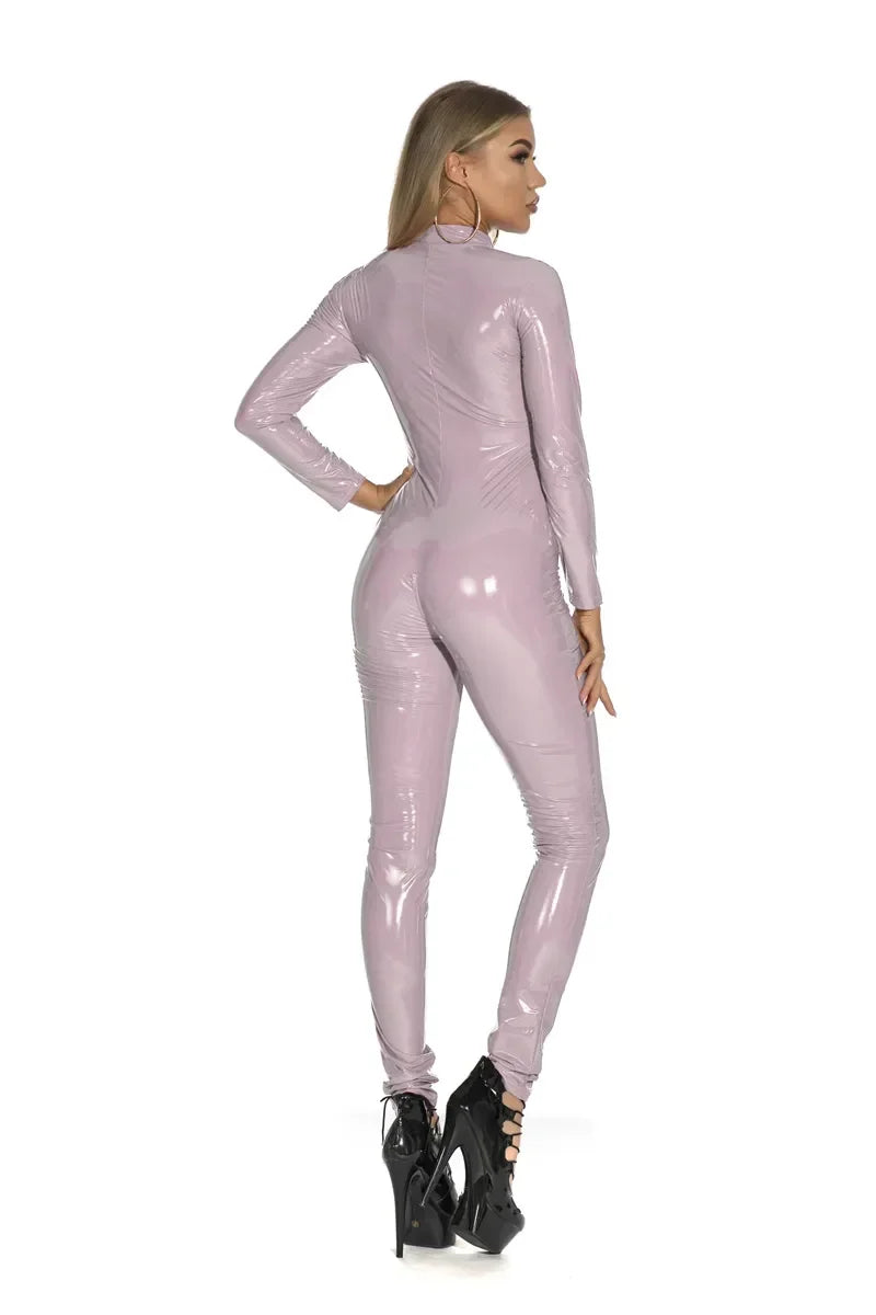 Women's Wet Look Shiny PU Faux Leather Jumpsuit Suit Long Sleeve Zipper Open Crotch Latex Bodysuit Clubwear Plus Size