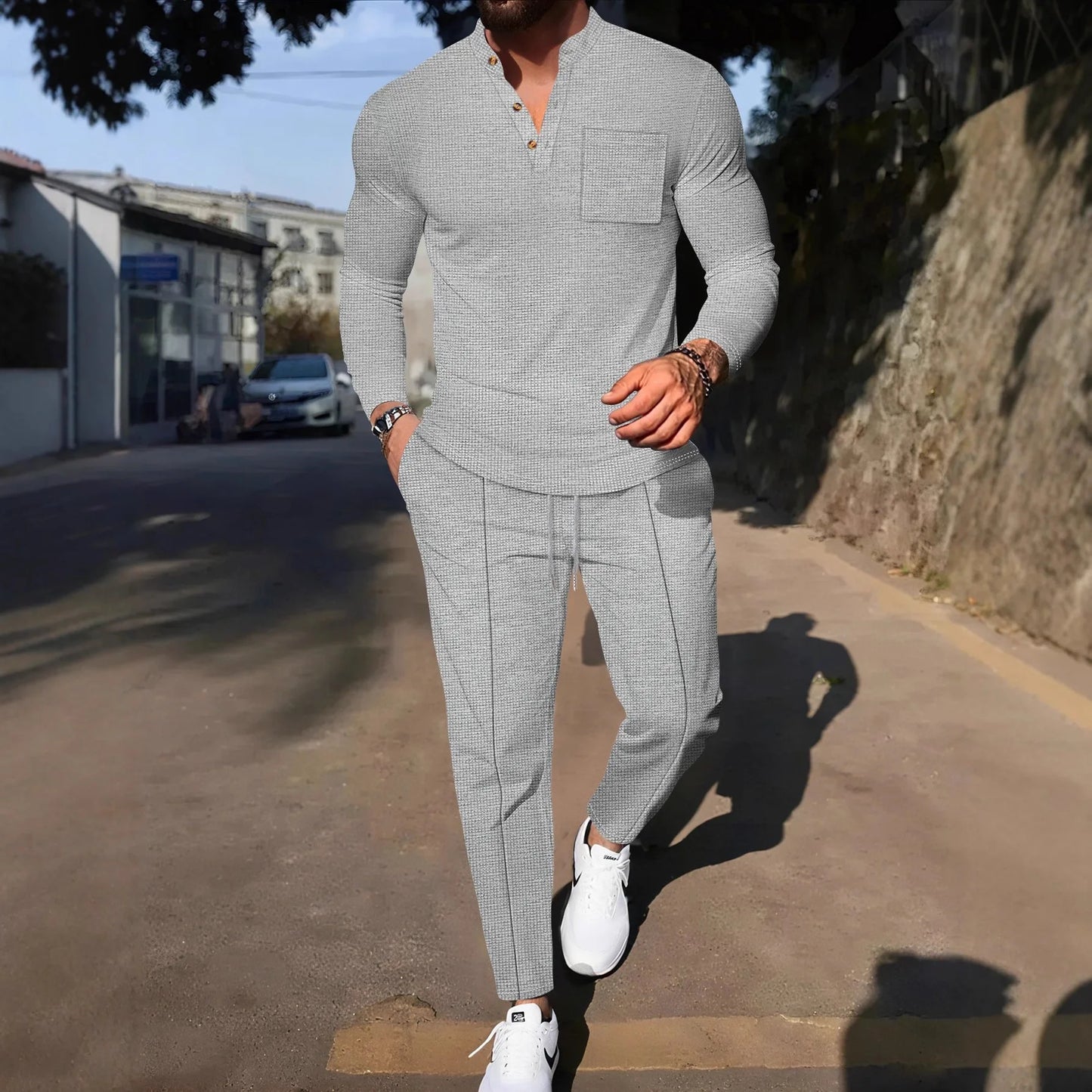 Men's Waffle Check Stand-Up Collar Semi-Casual Business Suit Button-Down Top with Comfortable Trousers have 1/2pieces