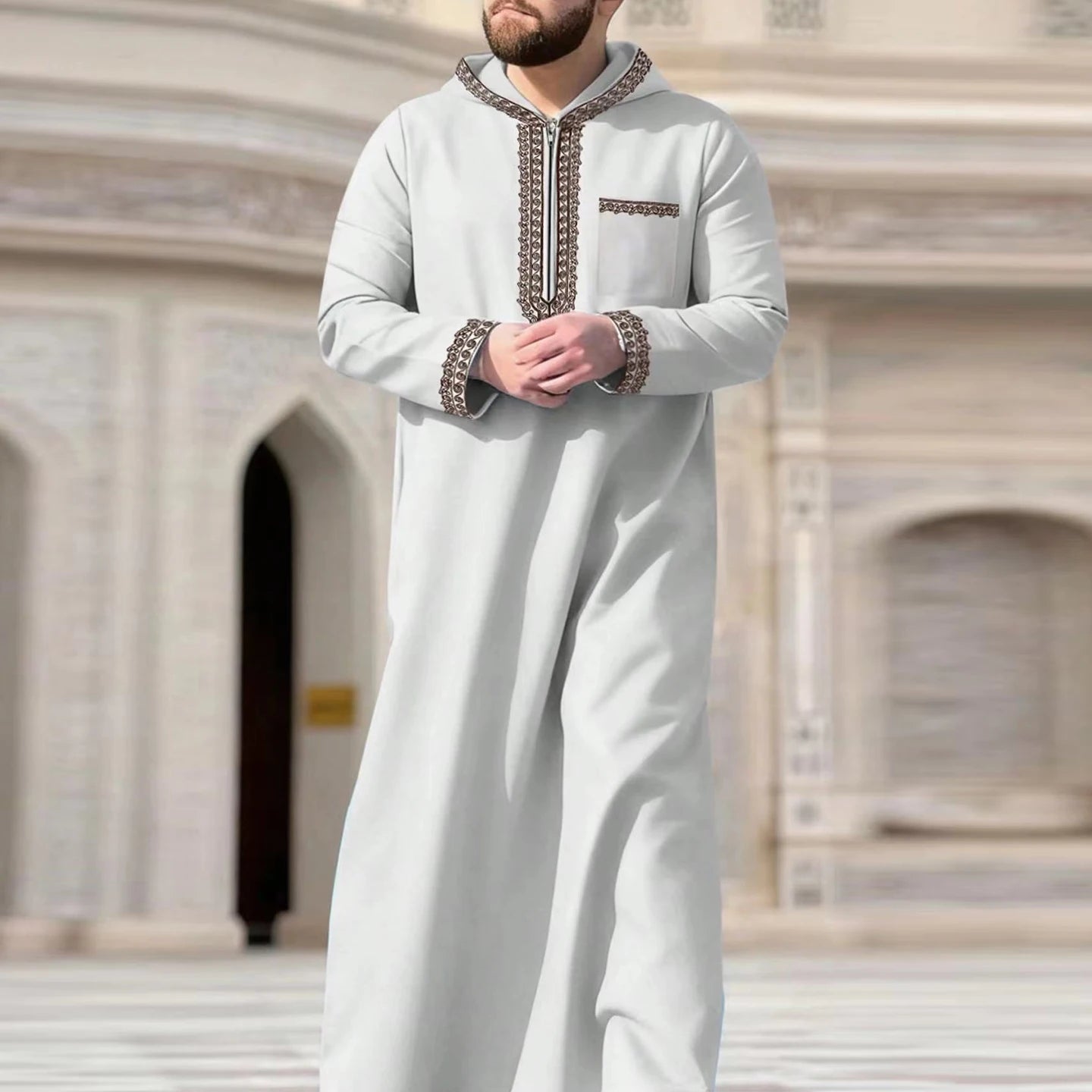 Muslim men's thobe long sleeves embroidered stand-up loose casual Saudi Arabia Islamic men's Abaya parties traditional clothing