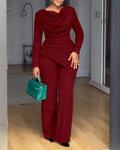 2025 Swing Collar Ruched Jumpsuit Long Sleeve Solid Elegant Office Lady Asymmetric Hem Casual Vintage Ruched Slim Autumn