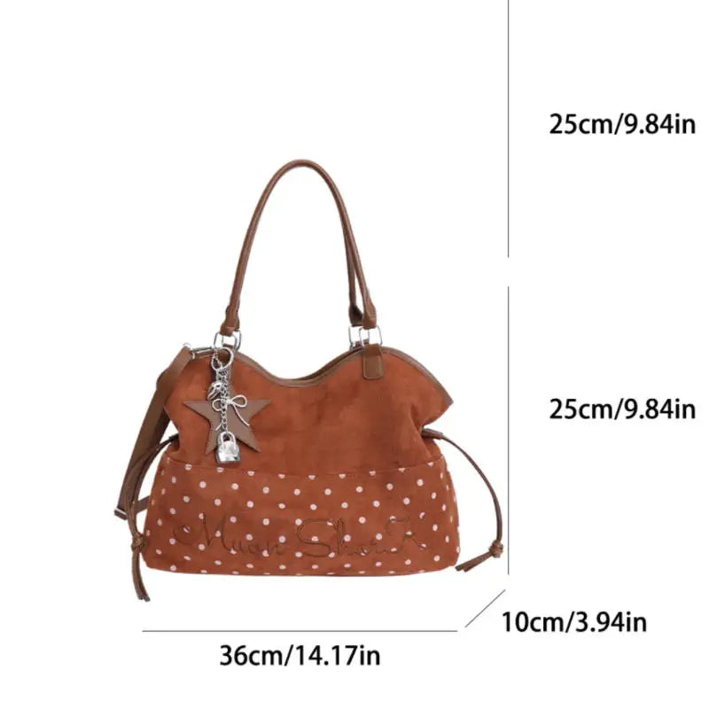 Vintage Frosted Tote Bag Casual Students Purse Large Capacity Shoulder Bag Polka Dot Drawstring Zipper Handbag With Star Pendant