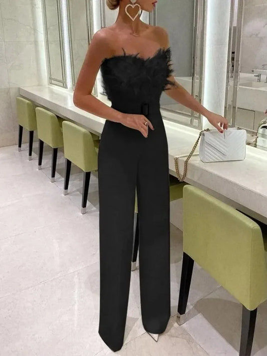 Combi-Pantalon Bustier Élégant avec Détails Plumes – Collection Summer Style