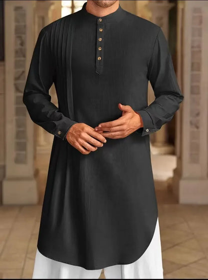 2026 Summer New Muslim Middle East Arab Malaysia Mens Button Cotton Linen Shirt Muslim Robe Long Sleeve Traditional Tops