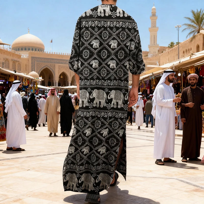 Men's Muslim Robes Ethnic Graphics Printed Long Sleeve Cotton Pockets Robes Casual Islamic Arab Kaftan Dubai Kaftan 2025 New