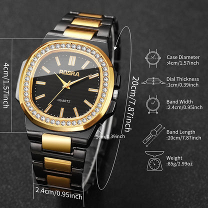 Luxury Rhinestone Men Business Watches Fashion Square Dial Steel Band Male's Quartz Wristwatch Reloj Hombre（Without Box）