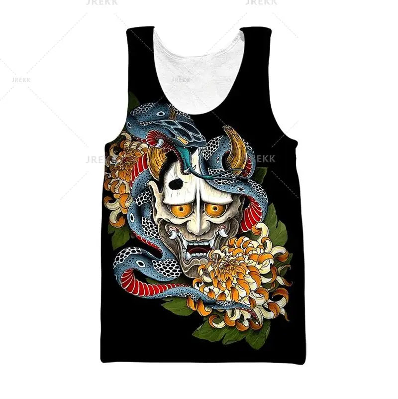 Samurai Oni Mask Tattoo 3D All Over Printed Men vest Summer Harajuku Sleeveless T-shirt Unisex Casual Polyester Tank Tops