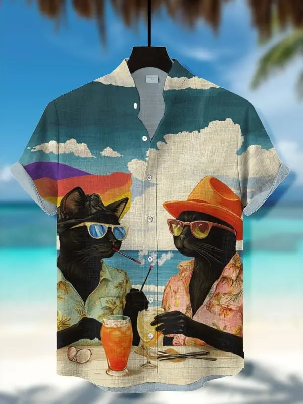 Funny Men's Cat Drinking Beer Shirts 3D Print Hawaiian Shirts Summer Men Women Short Sleeve Blouse Casual Vacation Beach Y2k Top