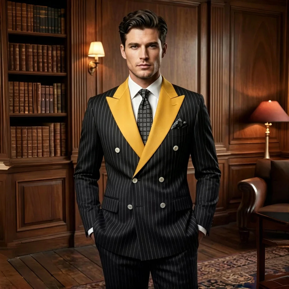 Black Stripe Men Suits Double Breasted Wedding Tuxedo Slim Fit 2 Pieces Formal Blazer Pants Set For Groom Guest Prom Party 2026