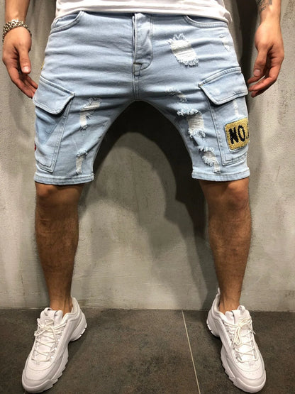 2026 Men's Summer Short Jeans High Stretch Fashion Casual Denim Shorts Male Slim Fit Elastic Badge Pockets Hole Shorts for Men