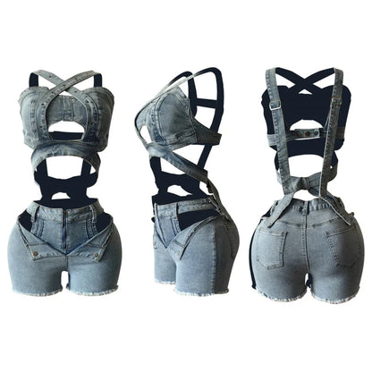 Ensemble 2 pièces Denim – Top Halter & Short Mini – Style Sexy & Club