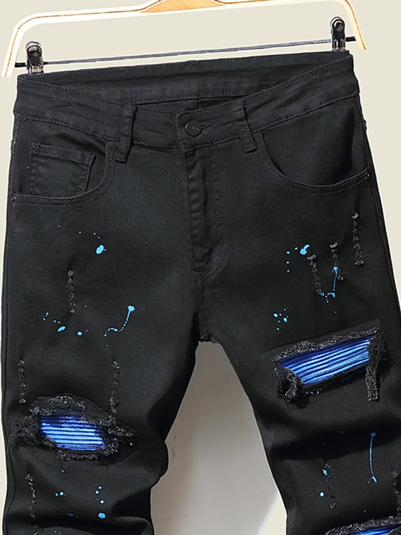 Jean Slim Straight Patchwork LVCCCI'S – Style Chic, Haute Élasticité &amp; Denim Épais