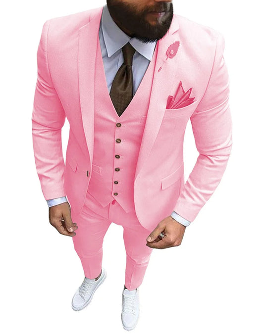 New Pink Men's 3 Pieces Suit Formal Business Notch Lapel Slim Fit Tuxedos Best Man Blazer For Wedding(Blazer+Vest+Pants)