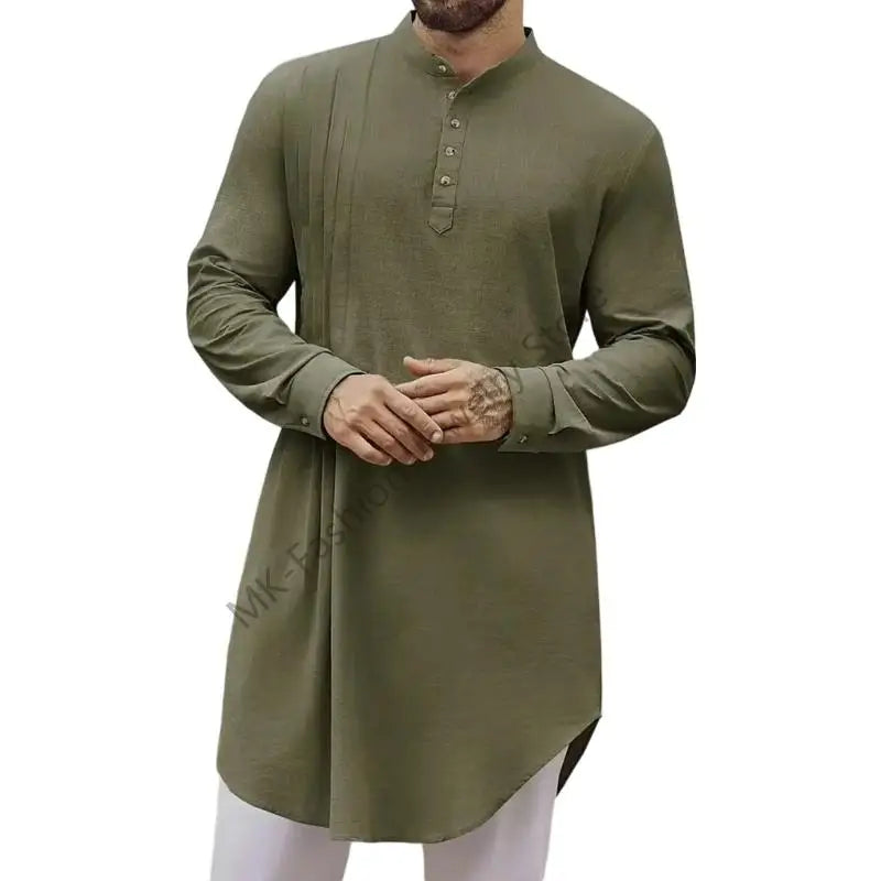 Q6PF Fashion Long Sleeve Men Thobe Ethnic Shirt Ramadans Gown Moroccan Robe