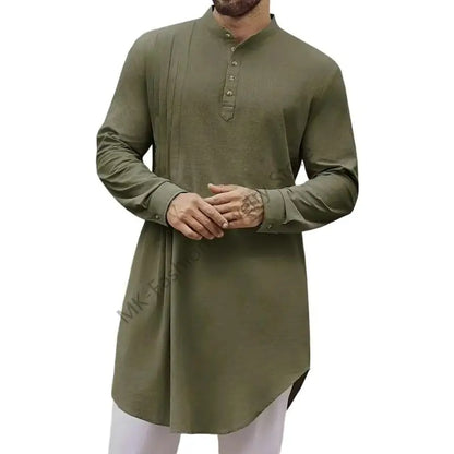 Q6PF Fashion Long Sleeve Men Thobe Ethnic Shirt Ramadans Gown Moroccan Robe