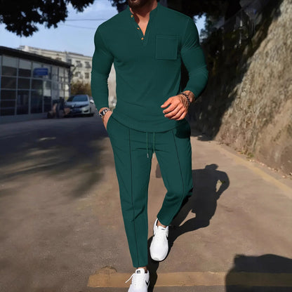 Men's Waffle Check Stand-Up Collar Semi-Casual Business Suit Button-Down Top with Comfortable Trousers have 1/2pieces