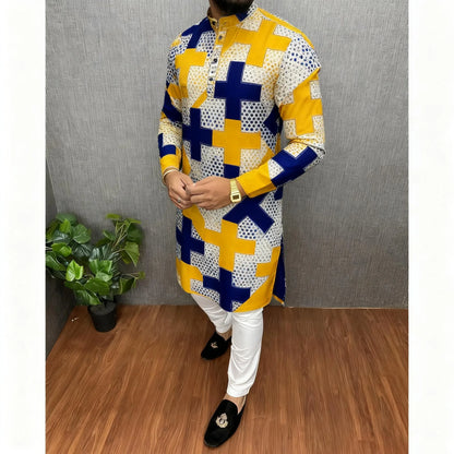 2026 Men's Clothing Ethnic Print Plus Size Tops Wedding Wear Classic Morocco Kaftan Herren Muslim Tenue Arabe Homme﻿