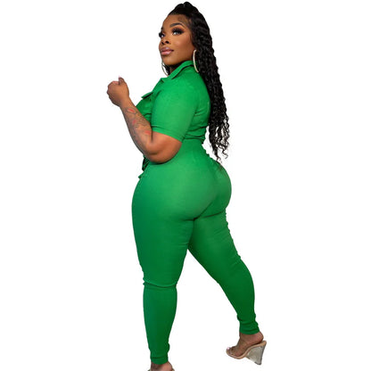 Wmstar Jumpsuit Women Summer Romper V Neck Zipper Short Sleeves Solid Pockets One Piece Outfits Bodysuit Wholesale Dropshipping