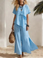 Casual Asymmetrical Short-sleeve Top And Slit Wide-leg Pants Set