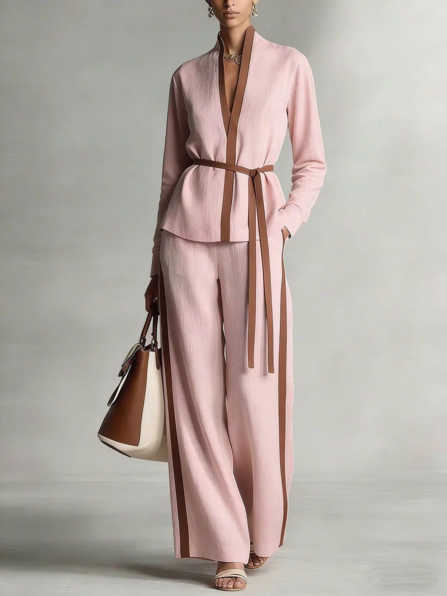 Ensemble cardigan à col mandarin et pantalon large pour femme