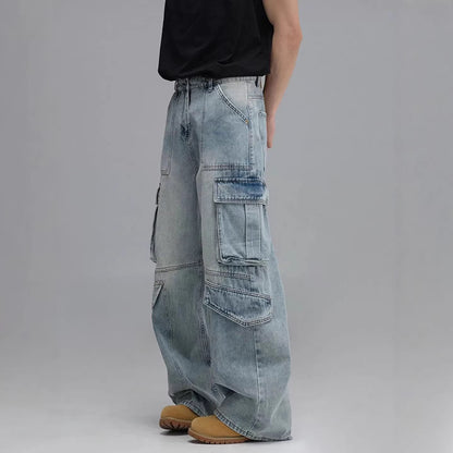 Washed Multi-Pocket Workwear Denim Jeans Mens Casual Wide-Leg Pants