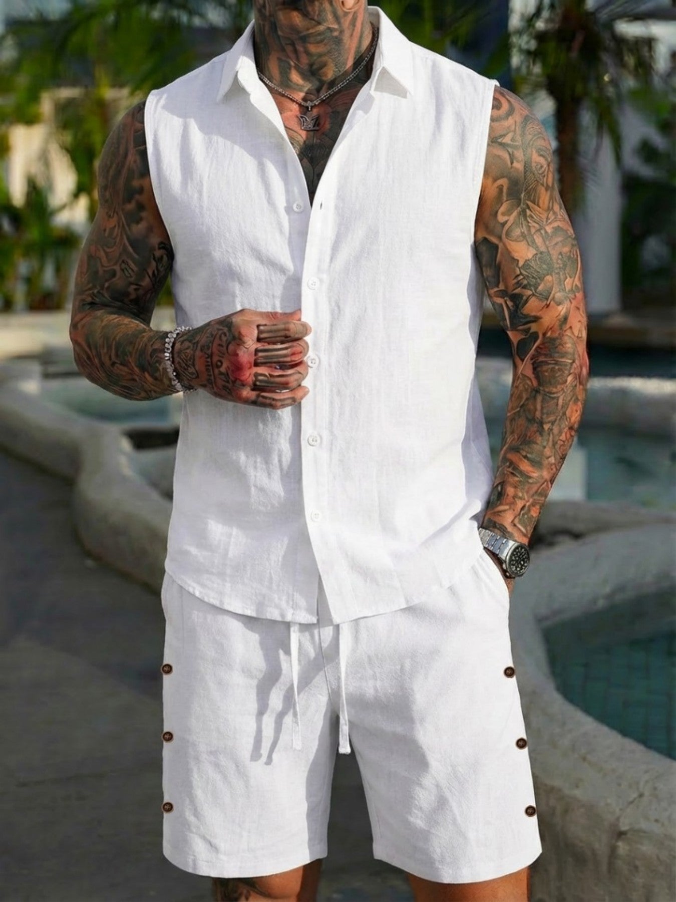 Men's Solid-Colored Linen Breathable Beach Set