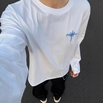 T-shirt à manches longues pour homme de style haut de gamme américain avec broderie lettrage.