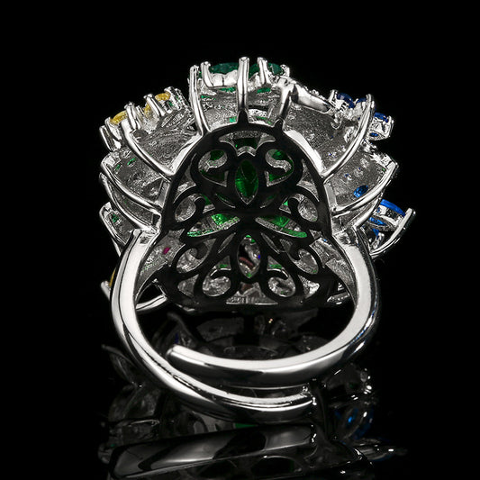 Luxury Vintage Open Ring With Shimmering Peacock Green Gemstone, Elegant Light Luxury Jewelry For Women