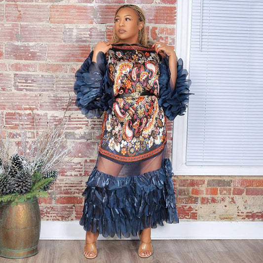 Feather-look Sheer Patchwork Pleated Dress