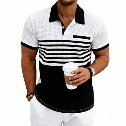 Men's Casual Waffle-Stripe Short-Sleeve Polo Shirt