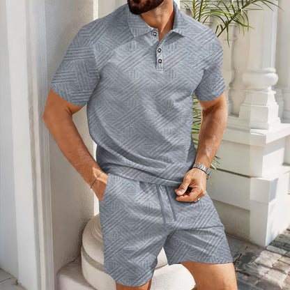 Solid-color Jacquard Short-sleeve Polo Shirt And Shorts Casual Two-piece Set