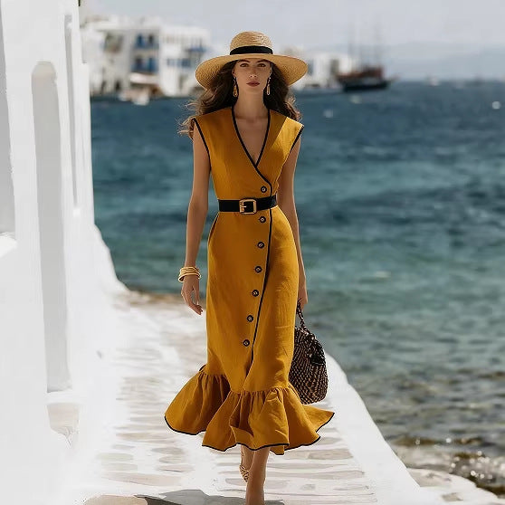 Robe midi tendance en lin mélangé à col en V