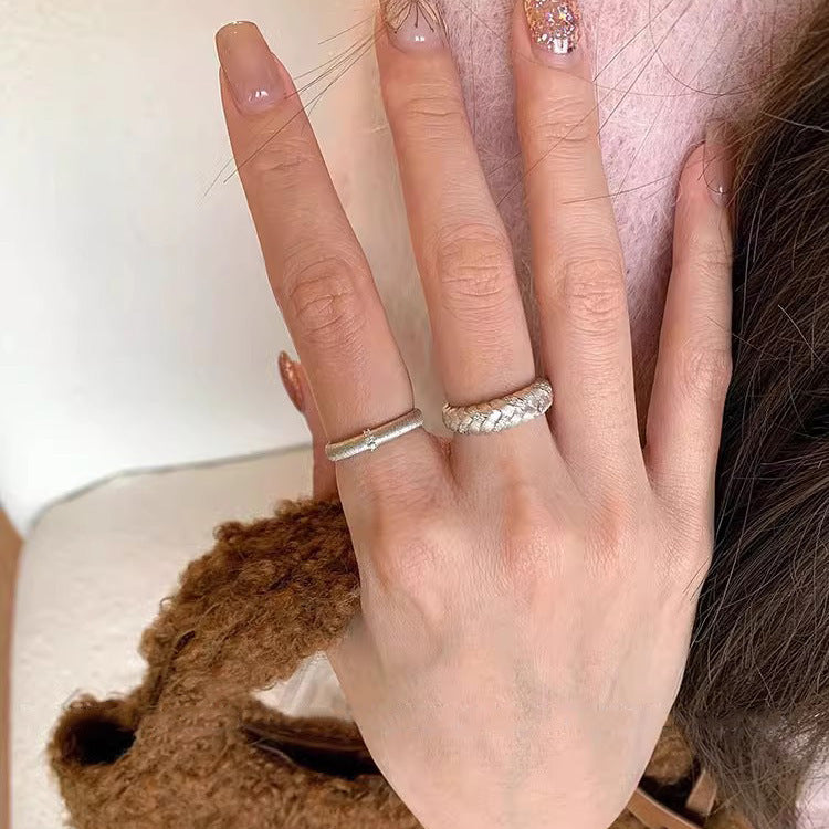 S925 Sterling Silver Brushed Woven Wheat Ear Ring For Women, Light Luxury Vintage Style, Heavy Craft Texture Twist Finger Ring