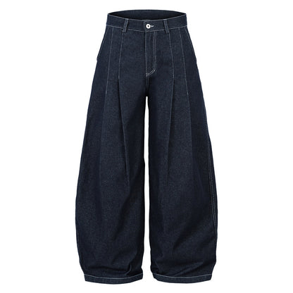Men's High Waist Wide Leg Cut Off Denim Shorts - Blue Pleated Straight Fit Cotton Blend Jeans for Spring and Autumn
