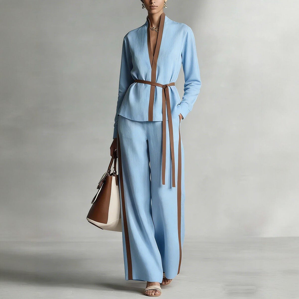 Ensemble cardigan à col mandarin et pantalon large pour femme