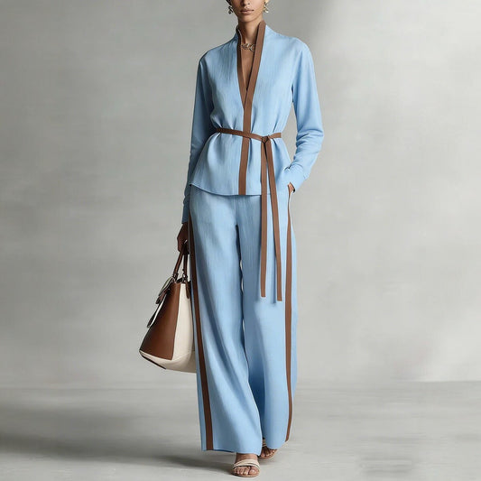 Ensemble cardigan à col mandarin et pantalon large pour femme